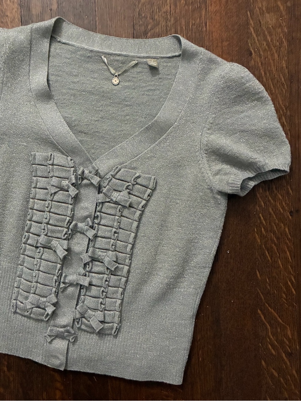 Anthropologie Kitted & Knotted Silver Metallic Wool Bow Cardigan Top
